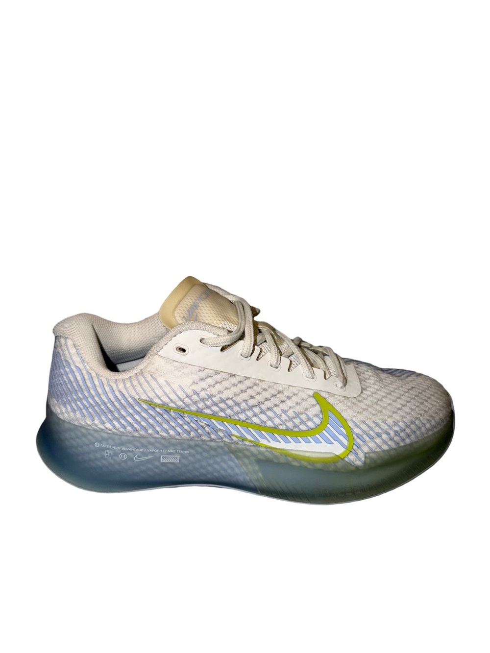 Nike Women’s vapor 11 tennis Shoe in White, Light Blue, and Volt size 7